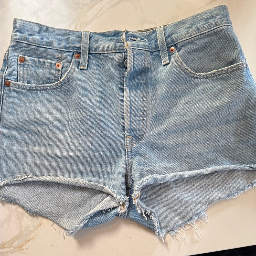 Levi's Light Blue Frayed Hem Jean Shorts